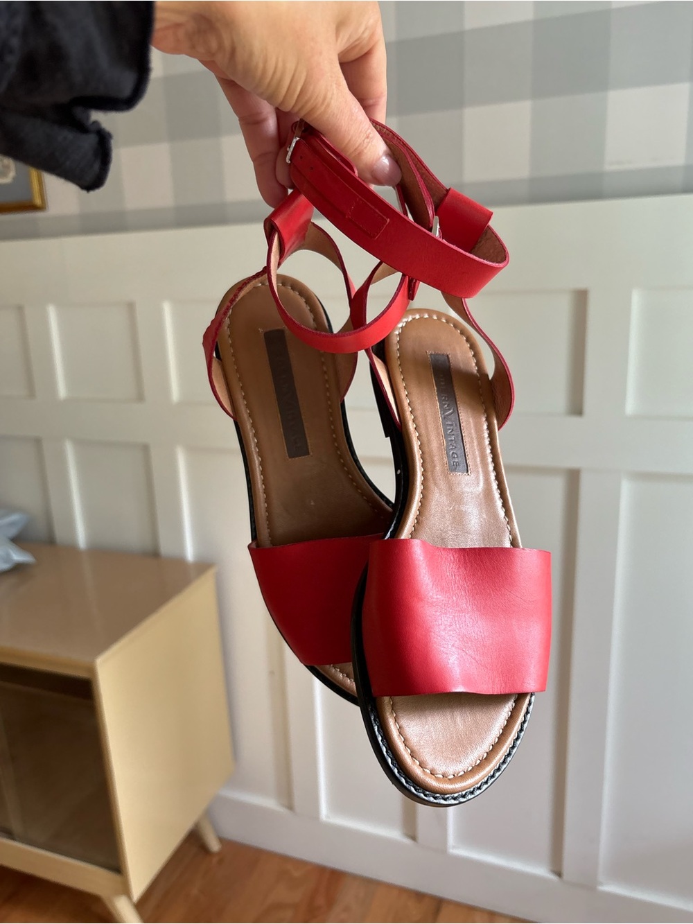 Modern Vintage Red Leather Open-Toe Ankle Strap Sandals 7.5